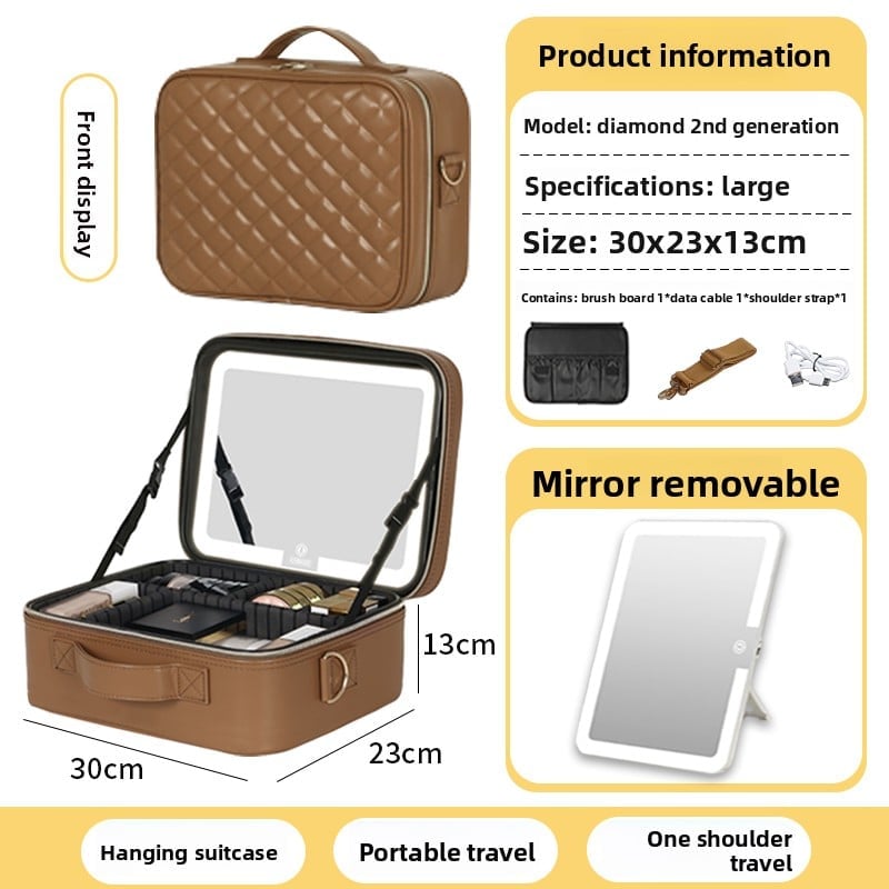 The makeup bag comes with a mirror and a lamp