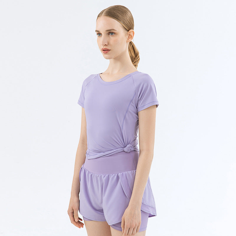Mesh Stitching Yoga Short-sleeved Sports T-shirt Women's Round Neck Top