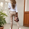 Women's High-Waisted Slim-Fit Pants With Slant Pockets & Button Detail Work & Casual Trousers