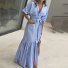 Women's Summer Casual Striped Button Down Maxi Dress Tie Waist Short Sleeve Shirt Dress With Pockets