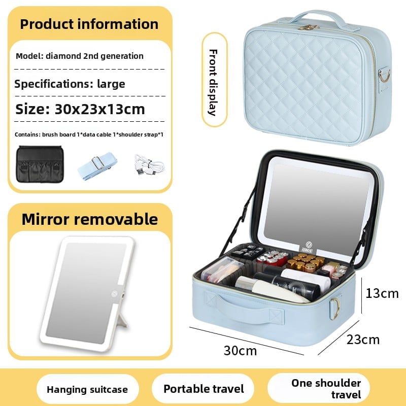 The makeup bag comes with a mirror and a lamp