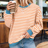 Women's Casual Crewneck Striped Long Sleeve Sweatshirt - Comfortable Loose Fit Ribbed Knit Top For Spring&Fall
