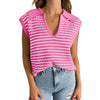 Women's V Neck Cap Sleeve Sweater Vest Sleeveless Collared Striped Knit Tank Tops