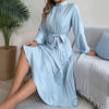 Elegant High Neck Long Sleeve Pleated Maxi Dress - Solid Color Flowy Dress For Women, Casual To Formal Wear