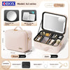 The makeup bag comes with a mirror and a lamp