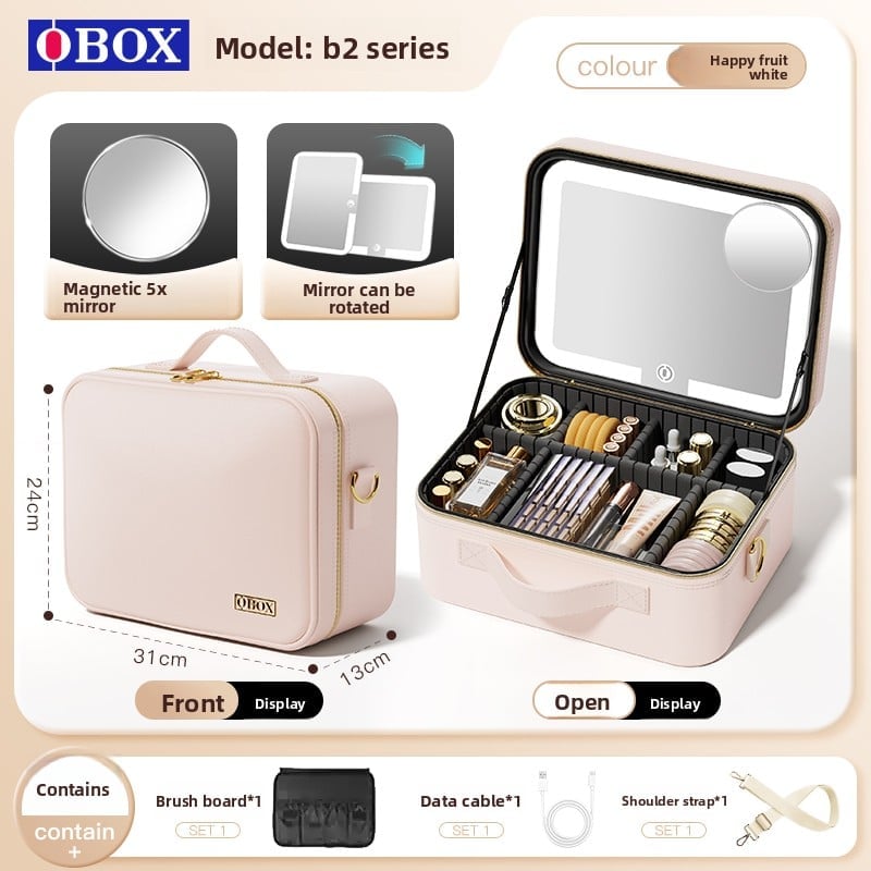 The makeup bag comes with a mirror and a lamp
