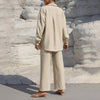 Women's Solid Color Lapel Long Sleeve Pants Set - Button-Up Casual Two-Piece Outfit With Drawstring Waist, Spring&Fall Lounge Wear