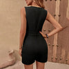 Women's Elegant Sleeveless V-Neck Jumpsuit Solid Color One-Piece With Belt Pockets & Metallic Chain Detail For Casual Wear