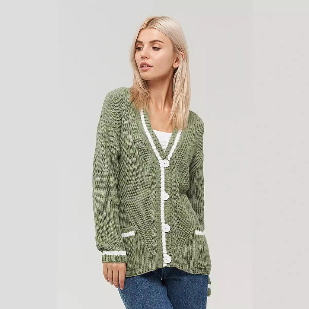 Women's All-match V-neck Pocket Color Matching Knitted Long Sleeve Sweater Coat