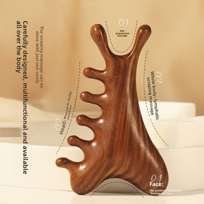 Sandalwood Four-in-One Meridian Massage Comb for Scalp and Acupoint Relief