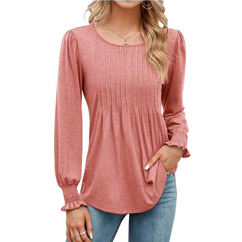Women's Solid Color Casual Puff Sleeve Round Neck Top