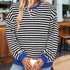 Women's Casual Crewneck Striped Long Sleeve Sweatshirt - Comfortable Loose Fit Ribbed Knit Top For Spring&Fall