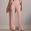 Women's Elegant Round Neck Jumpsuit - Mid-Sleeve With Side Slit Cuffs & Pearl Accents, Back Zipper Design For Casual To Formal Events