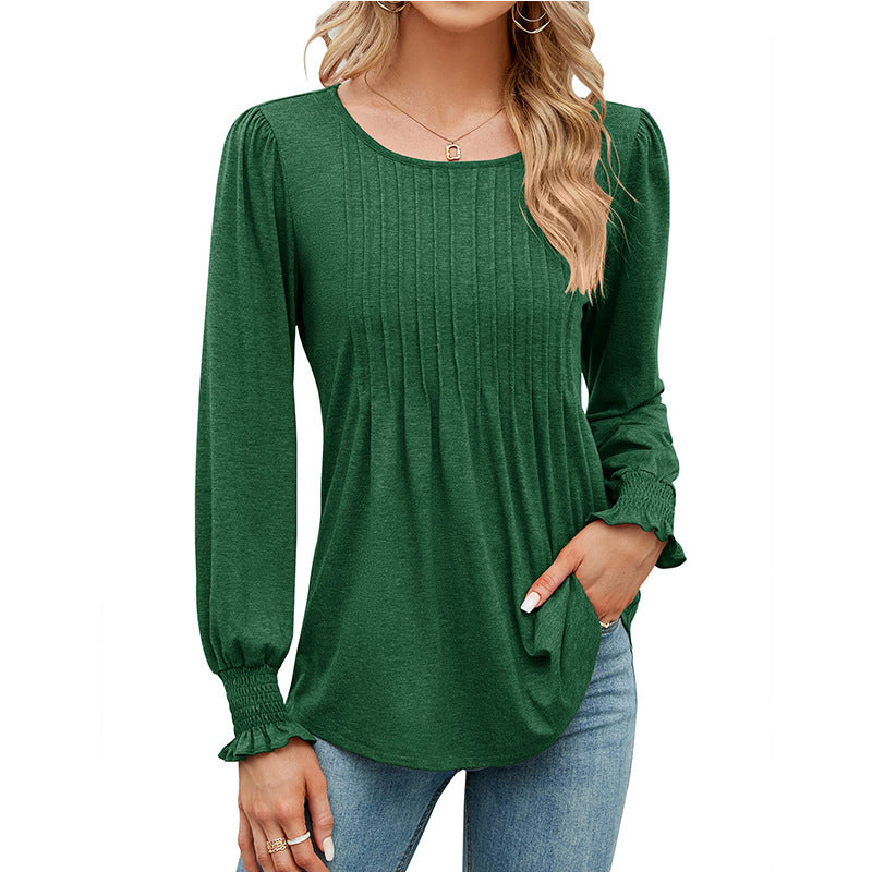 Women's Solid Color Casual Puff Sleeve Round Neck Top