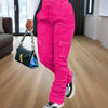 Women's Solid Color Straight Leg Pants - Stretchy Drawstring Waist With Dual Pockets Casual Trousers For Spring&Fall