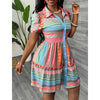 Women's Printed Collar Button Down Dress - Puff Short Sleeve Mini Shirt Dress