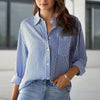Women's Elegant Striped Long Sleeve Shirt - Pointed Lapel Collar With Chest Pocket, Button-Up Casual Blouse For Spring&Fall