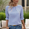 Women's Solid Color Casual Back Button Shirt - Round Neck Striped Summer Top, Breathable Blouse For Relaxed Wear