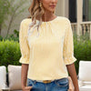 Women's Solid Color Casual Back Button Shirt - Round Neck Striped Summer Top, Breathable Blouse For Relaxed Wear