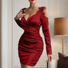 Women's Elegant V-Neck Long Sleeve Lace Sheath Dress - Off Shoulder, Backless, Slim-Fitting Satin Evening Gown With Ruffled Detail