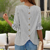 Women's Solid Color Casual Back Button Shirt - Round Neck Striped Summer Top, Breathable Blouse For Relaxed Wear