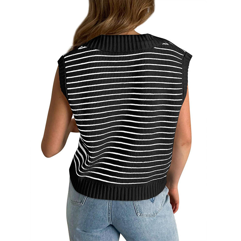 Women's V Neck Cap Sleeve Sweater Vest Sleeveless Collared Striped Knit Tank Tops