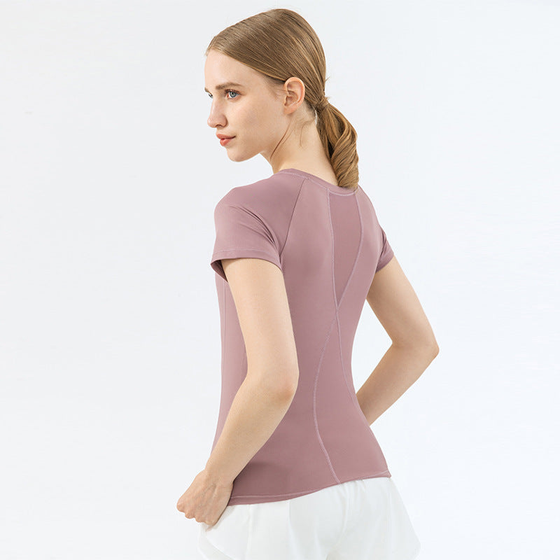 Mesh Stitching Yoga Short-sleeved Sports T-shirt Women's Round Neck Top