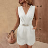 Women's Elegant Sleeveless V-Neck Jumpsuit Solid Color One-Piece With Belt Pockets & Metallic Chain Detail For Casual Wear