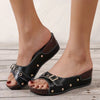 Belt-buckle, wedge heel, riveted flip-flops