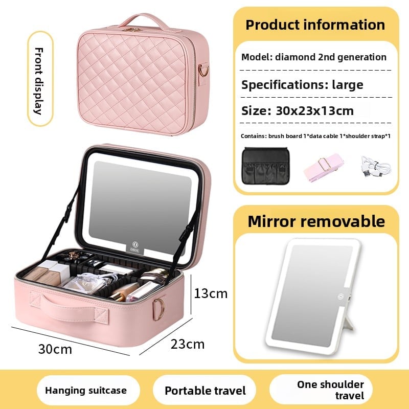The makeup bag comes with a mirror and a lamp