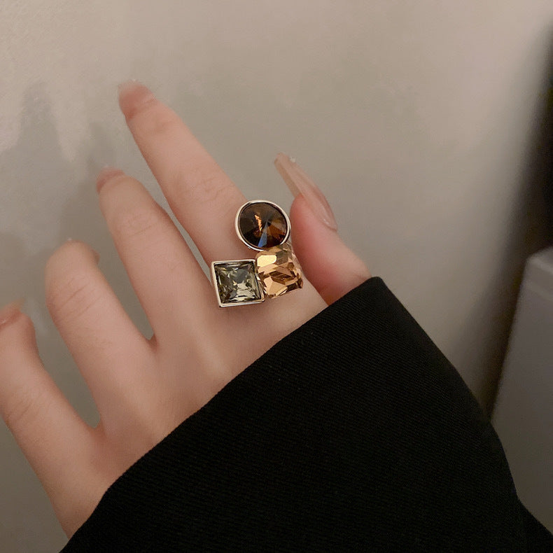 Colorful Zircon Geometric Open Ring ? Multi-Layer Oval Statement Design