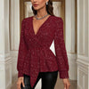 Women's Asymmetrical Hem Solid Color V-Neck Long Sleeve Blouse - Stylish Casual Flash Top For Spring&Fall
