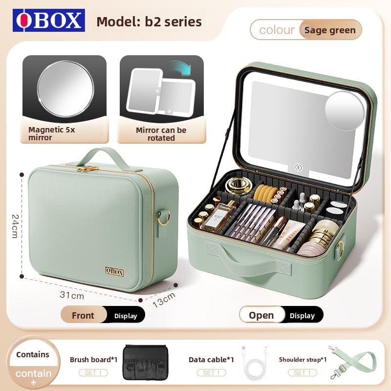 The makeup bag comes with a mirror and a lamp