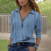 Women's Solid Color Textured Zip-Up Collared Long Sleeve Top - Casual Fall&Spring Blouse With Stretchy Comfort Fit