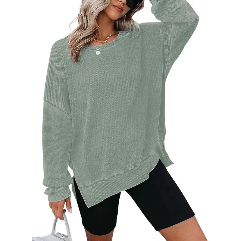 Womens Waffle Knit Crewneck Sweatshirts Long Sleeve Side Slits Casual Pullover Sweatshirt Tops