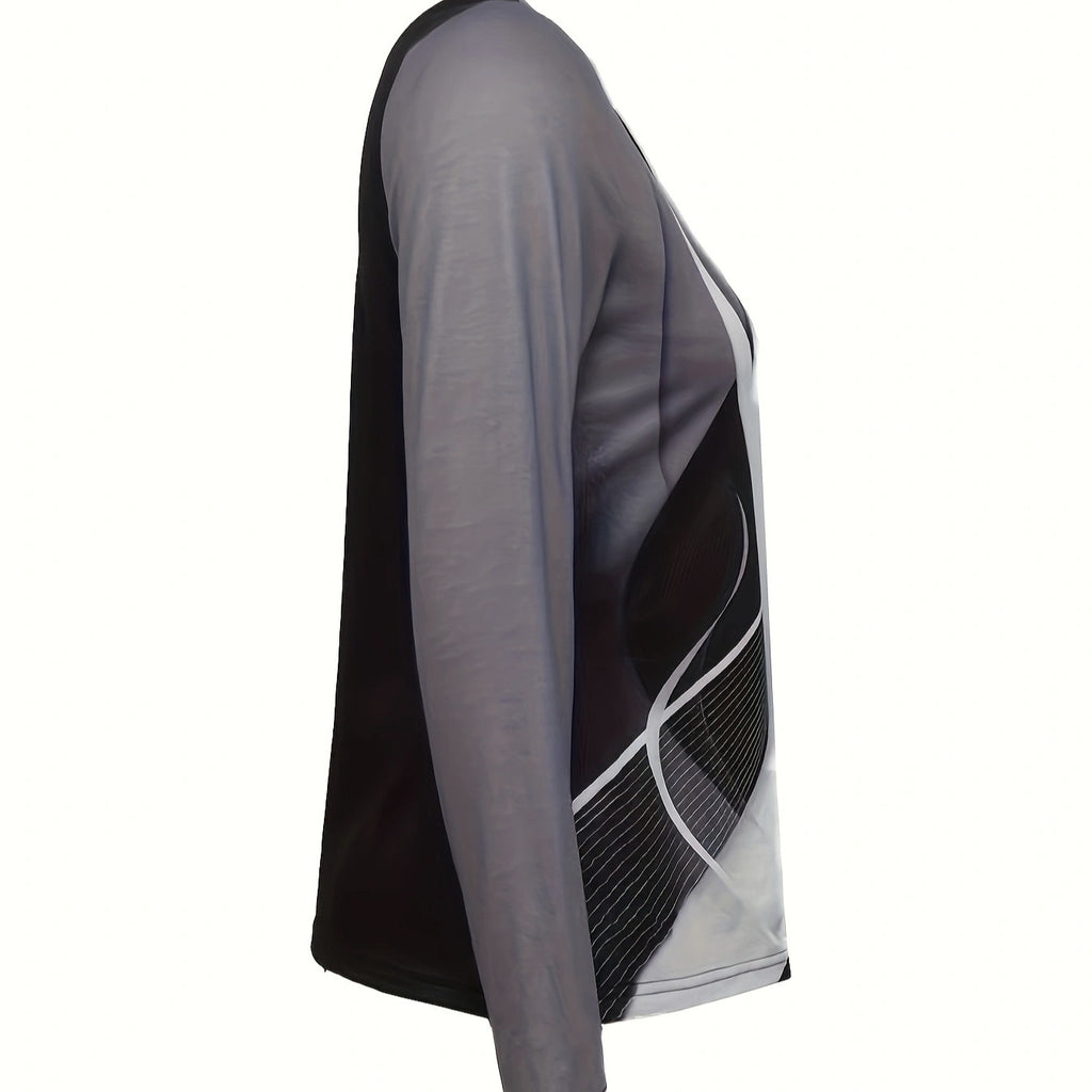 Women's Asymmetrical Design Metal Buckle Shoulder Abstract Print Long Sleeved Autumn And Winter T-shirt