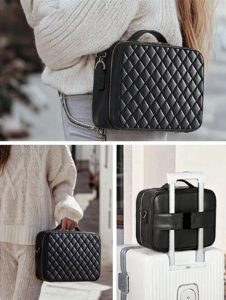 The makeup bag comes with a mirror and a lamp