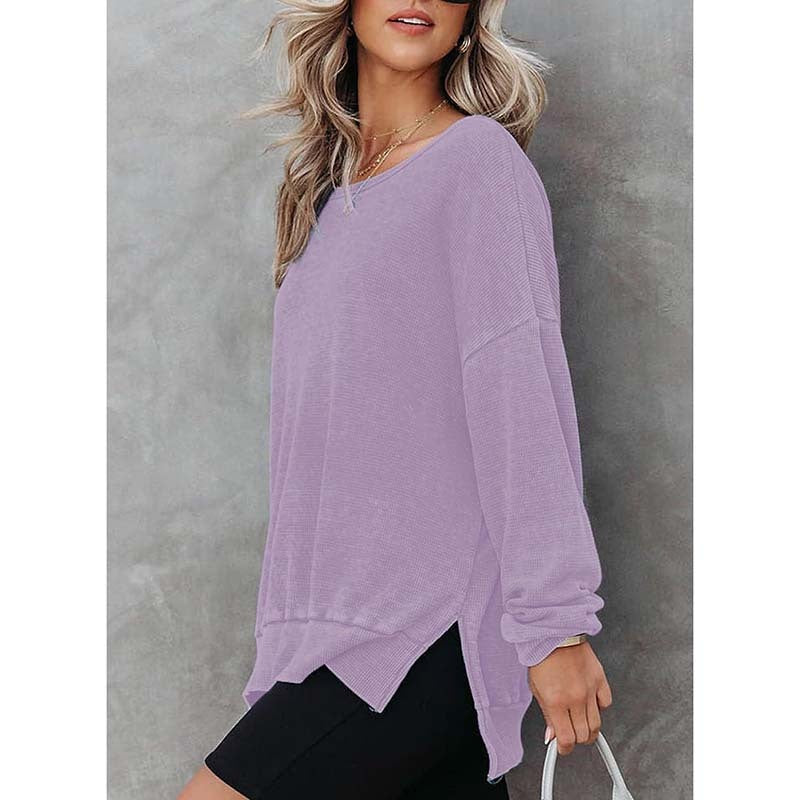 Womens Waffle Knit Crewneck Sweatshirts Long Sleeve Side Slits Casual Pullover Sweatshirt Tops