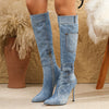 Pointed-toe washed denim high-heeled boots