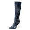Pointed-toe washed denim high-heeled boots