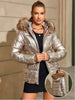 Women's Winter Ultralight Padded Jacket With Hooded Fur Collar Detachable Concealed Zipper Pocket Quilted Padded Jacket
