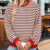 Women's Casual Crewneck Striped Long Sleeve Sweatshirt - Comfortable Loose Fit Ribbed Knit Top For Spring&Fall