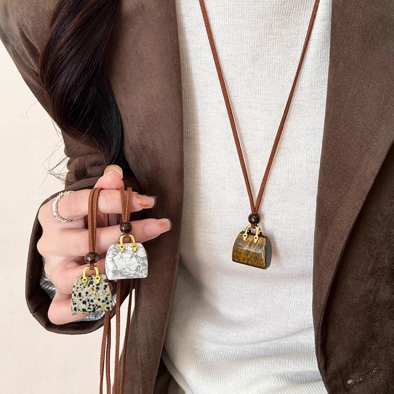 Korean velvet rope tiger eye stone bag necklace women's niche design high-end sweater chain autumn and winter long pendant accessories