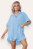 Women Casual Oversized Gold Button Pleated Frilled Ruffle Short Sleeves Shirt Top And Short Co Ord Set