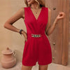 Women's Elegant Sleeveless V-Neck Jumpsuit Solid Color One-Piece With Belt Pockets & Metallic Chain Detail For Casual Wear