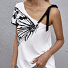 Ladies' Printed Fashion Oblique Shoulder Butterfly Printed Irregular Off Shoulder T-shirt