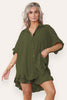 Women Casual Oversized Gold Button Pleated Frilled Ruffle Short Sleeves Shirt Top And Short Co Ord Set