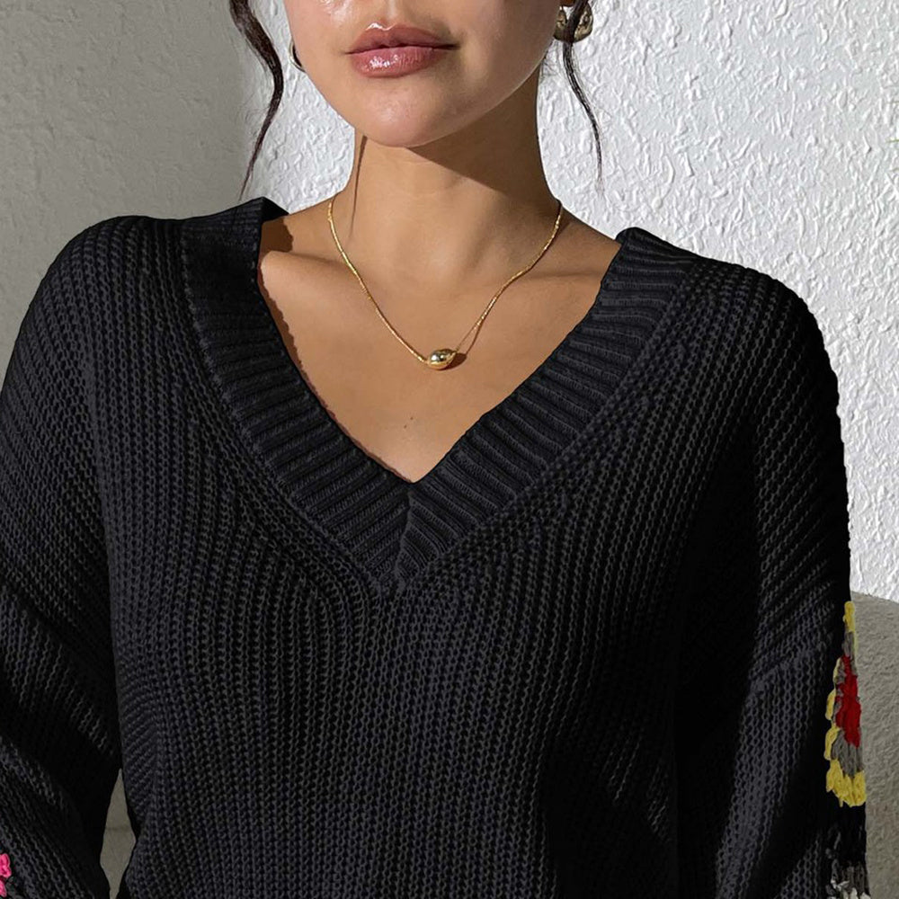 Sweet Commute Style V-neck Jacquard Flowers Regular Sleeve Sweater Pullover