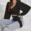 Ladies' Fashionable And Sexy Long Sleeved Lace Up Short Top Korean Retro Slim Fit Bubble Sleeve Personalized Square Neck Shirt Solid Color Slimming