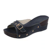 Belt-buckle, wedge heel, riveted flip-flops